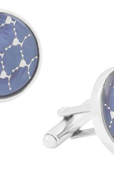 Network Navy Blue White Round Rhodium Plated Brass Cufflink Pair for Men