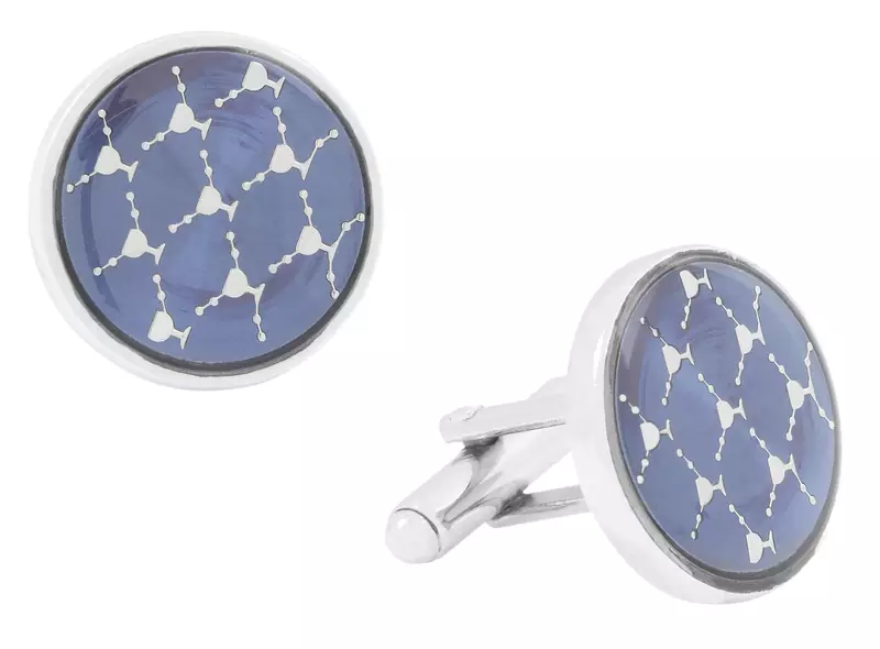 Network Navy Blue White Round Rhodium Plated Brass Cufflink Pair for Men