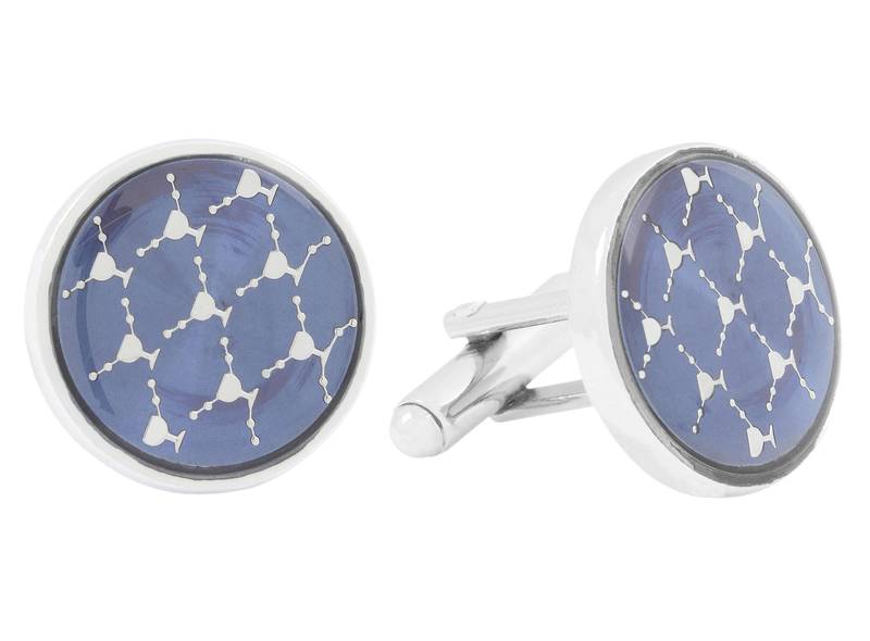 Network Navy Blue White Round Rhodium Plated Brass Cufflink Pair for Men