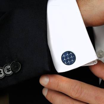 Network Navy Blue White Round Rhodium Plated Brass Cufflink Pair for Men 3