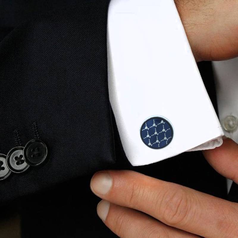 Network Navy Blue White Round Rhodium Plated Brass Cufflink Pair for Men