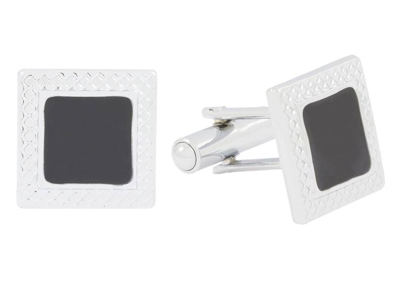 Square Black Enamel Rhodium Plated Brass Cufflink Pair for Men
