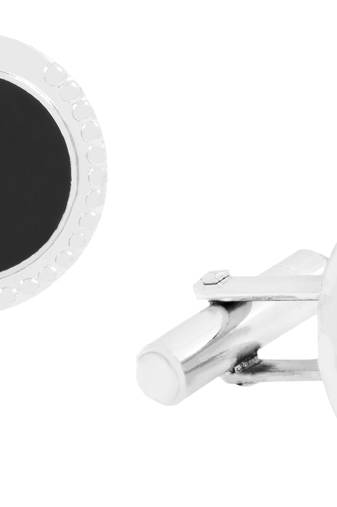 Round Black Enamel Rhodium Plated Brass Cufflink Pair for Men