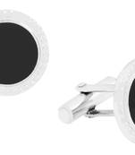 Round Black Enamel Rhodium Plated Brass Cufflink Pair for Men