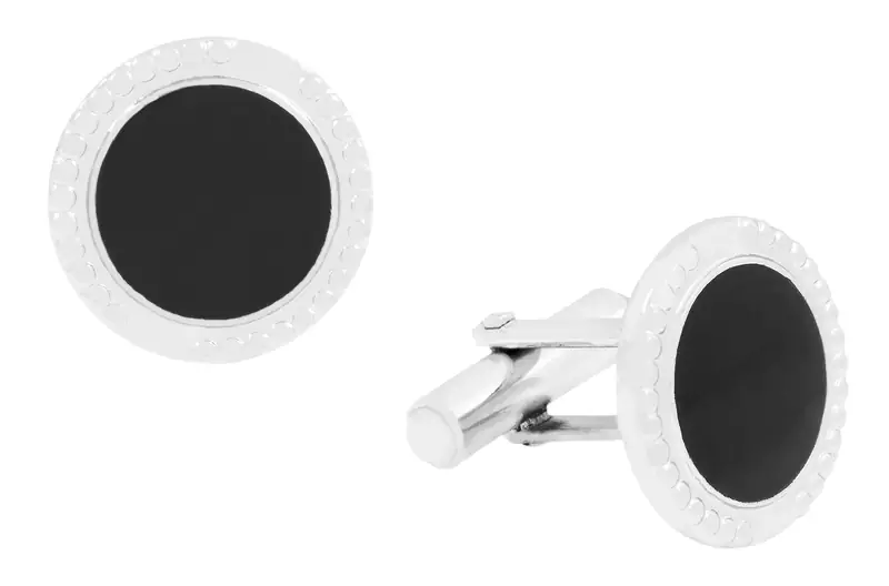 Round Black Enamel Rhodium Plated Brass Cufflink Pair for Men