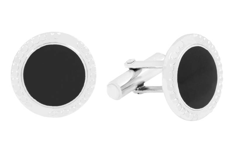 Round Black Enamel Rhodium Plated Brass Cufflink Pair for Men
