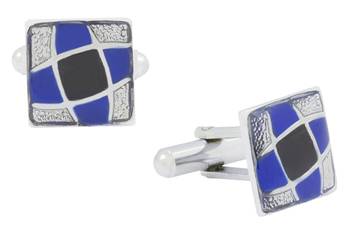 Square blue black enamel checks rhodium plated cufflink for men 1
