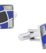 Square blue black enamel checks rhodium plated cufflink for men