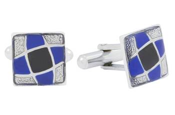 Square blue black enamel checks rhodium plated cufflink for men 2