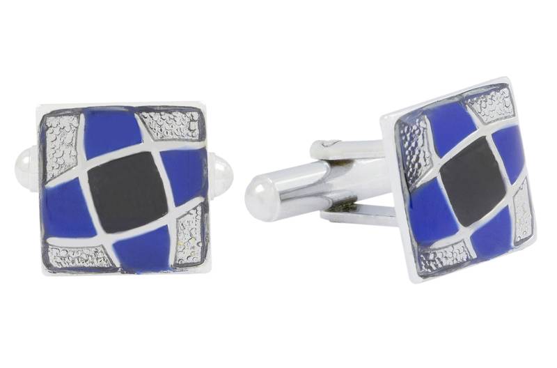 Square blue black enamel checks rhodium plated cufflink for men