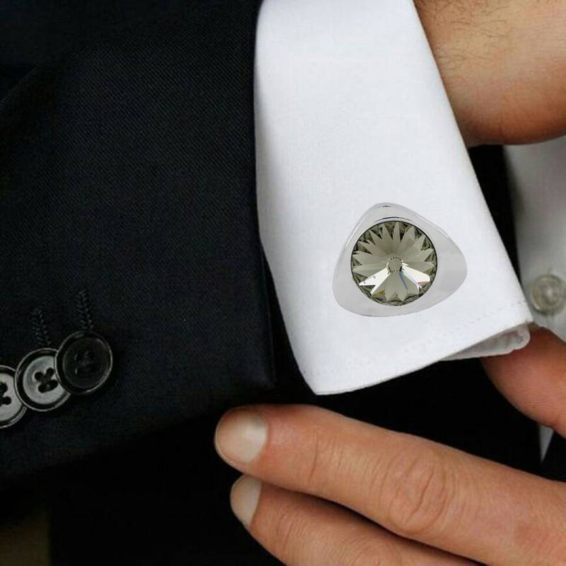 Glossy Rhodium Plated Triangle Grey Cufflink Pair For Men