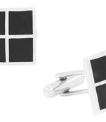 Checkered Glossy Rhodium Plated Square Black Cufflink Pair For Men