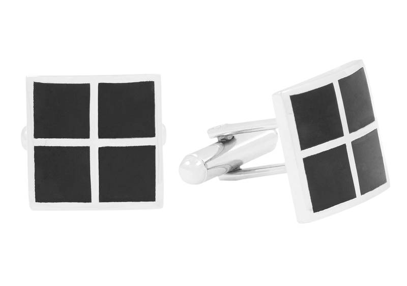 Checkered Glossy Rhodium Plated Square Black Cufflink Pair For Men