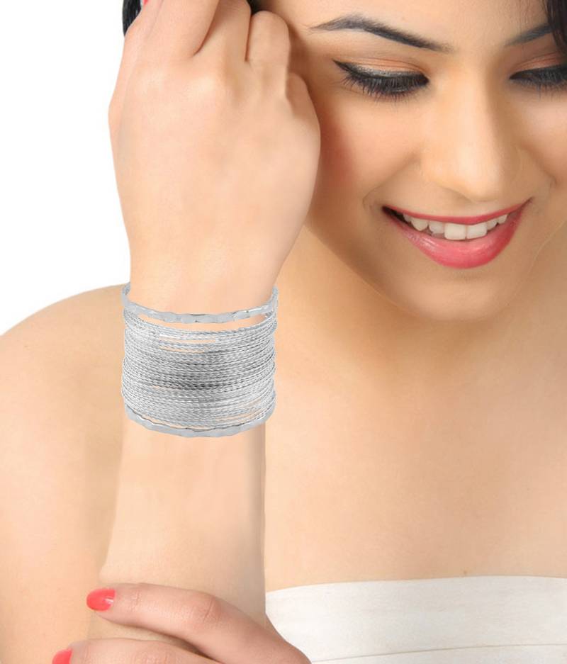 Party Statement Mesh Imported Rhodium Silver Free Size Cuff Kada Bangle Bracelet For Girls Women
