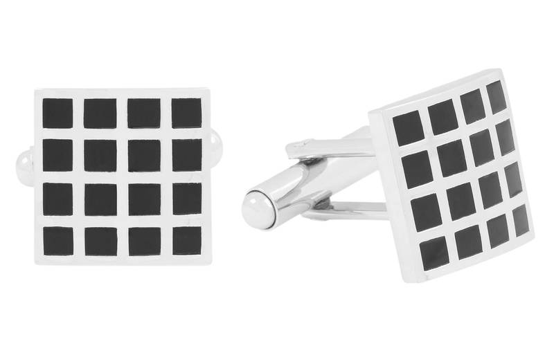 black silver chequered square cufflink pair