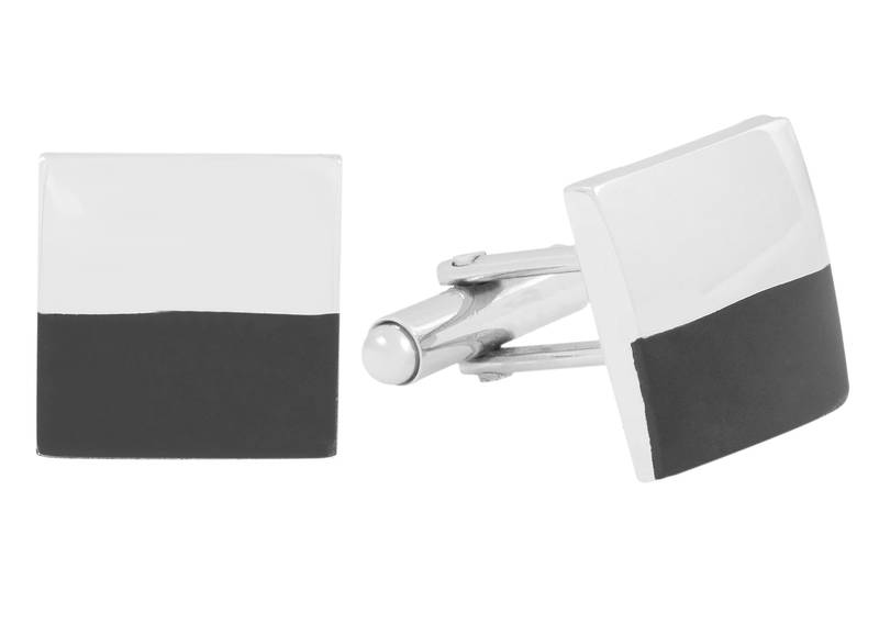 half and half black silver square cufflink pair