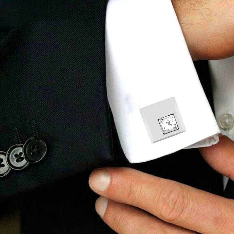 squae matt princess cut american diamond studded cufflink pair