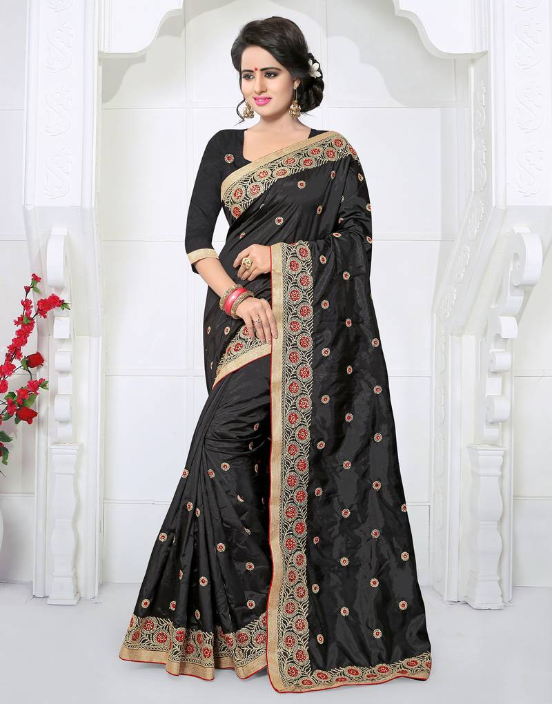 Black embroidered art silk saree with blouse