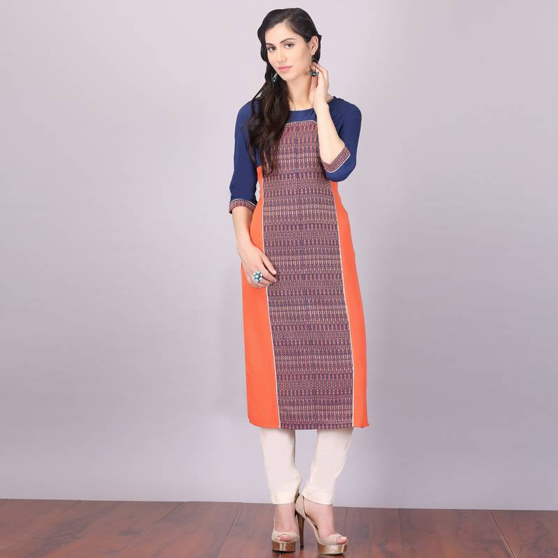 Aurelia Womens Orange Straight Rayon Stitched Kurti