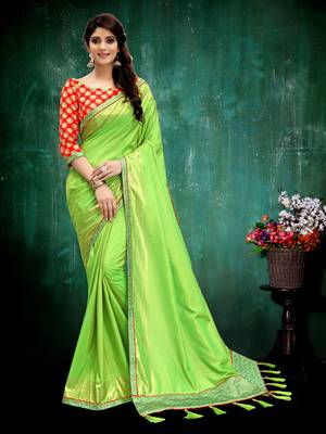 Parrot green plain art silk saree with blouse 1