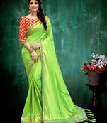 Parrot green plain art silk saree with blouse