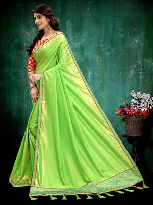 Parrot green plain art silk saree with blouse 2