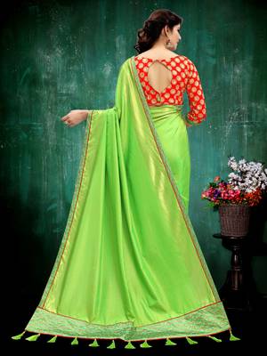 Parrot green plain art silk saree with blouse 3