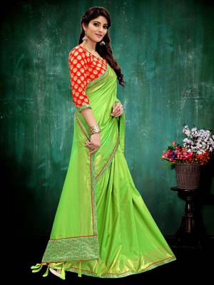 Parrot green plain art silk saree with blouse 4