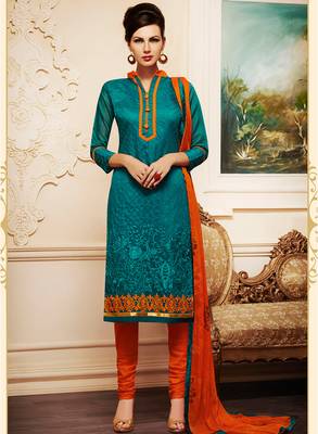 Green embroidered chanderi salwar with dupatta 1