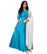 Sky blue plain silk long gown with dupatta