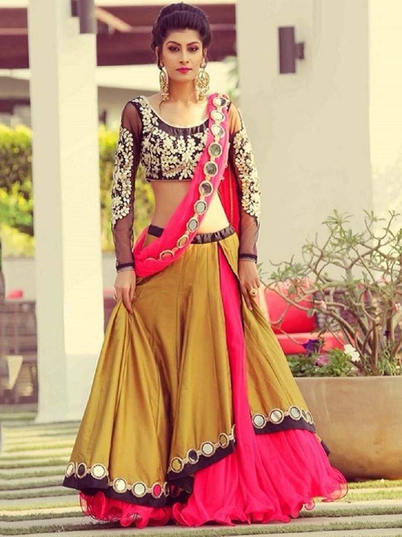 Yellow embroidered silk semistitched lehenga choli with dupatta RIYA