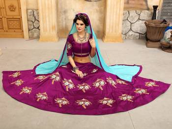 Purple embroidered silk semi-stitched lehenga with dupatta 6