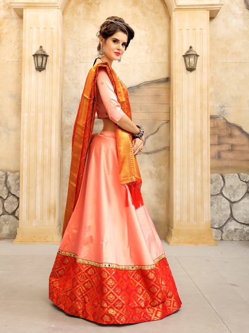 Peach Butti Work Embroidered Top With Lehenga main image 1