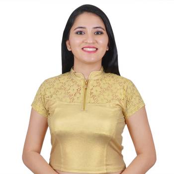 Light Gold Collared Zipper Lace Strechable Cotton Lycra Saree Blouse For Women 1