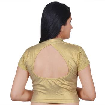 Light Gold Collared Zipper Lace Strechable Cotton Lycra Saree Blouse For Women 3