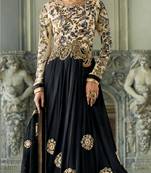 Black and Cream Embroidery Pure Georgette Semi Stitched Designer Floor Touch Anarkali Suit