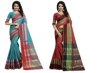 Multicolor plain cotton silk saree with blouse 1