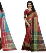 Multicolor plain cotton silk saree with blouse