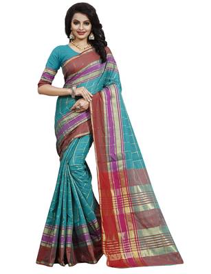 Multicolor plain cotton silk saree with blouse 2