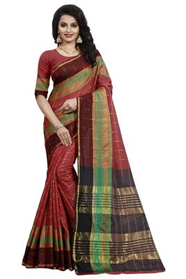 Multicolor plain cotton silk saree with blouse 3