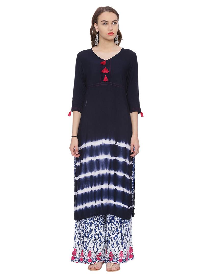 Navy Blue Rayon Printed Kurti