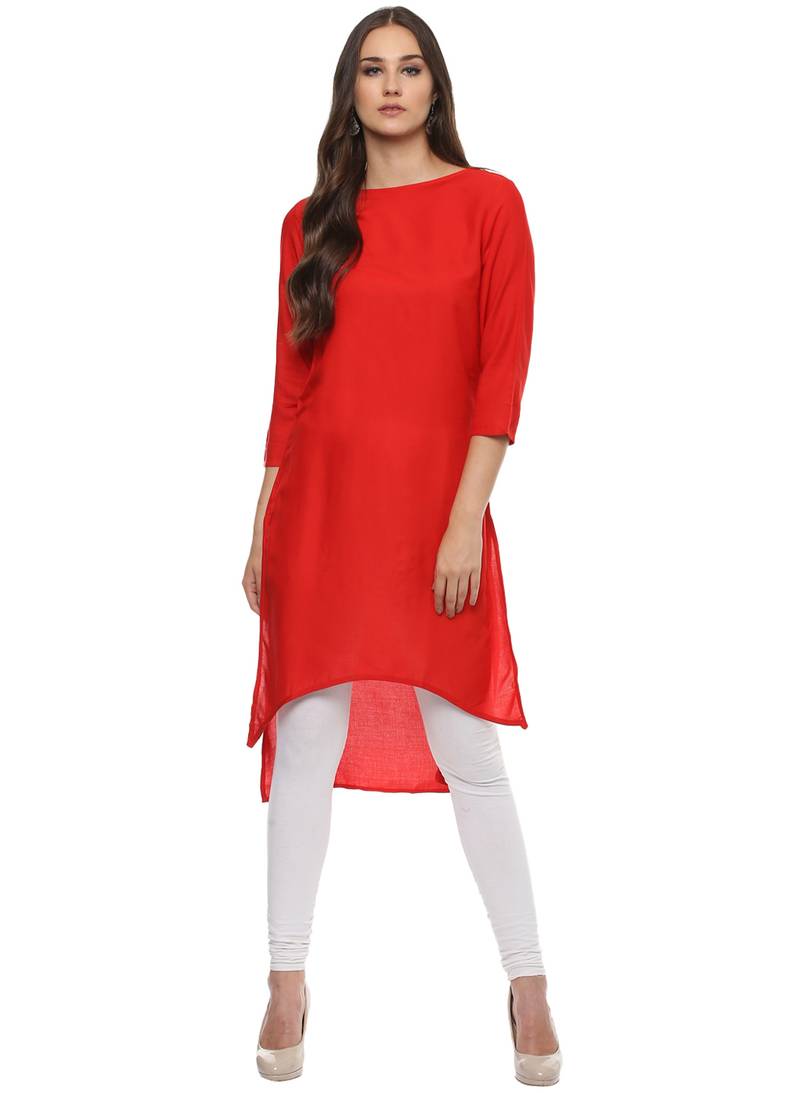 Red plain viscose rayon stitched kurtas-and-kurtis