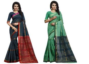 Multicolor plain cotton silk saree with blouse 1