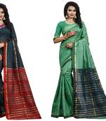 Multicolor plain cotton silk saree with blouse