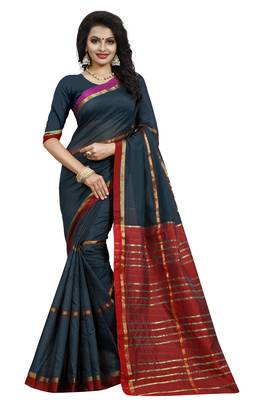 Multicolor plain cotton silk saree with blouse 2