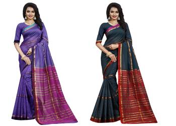 Multicolor plain cotton silk saree with blouse 1