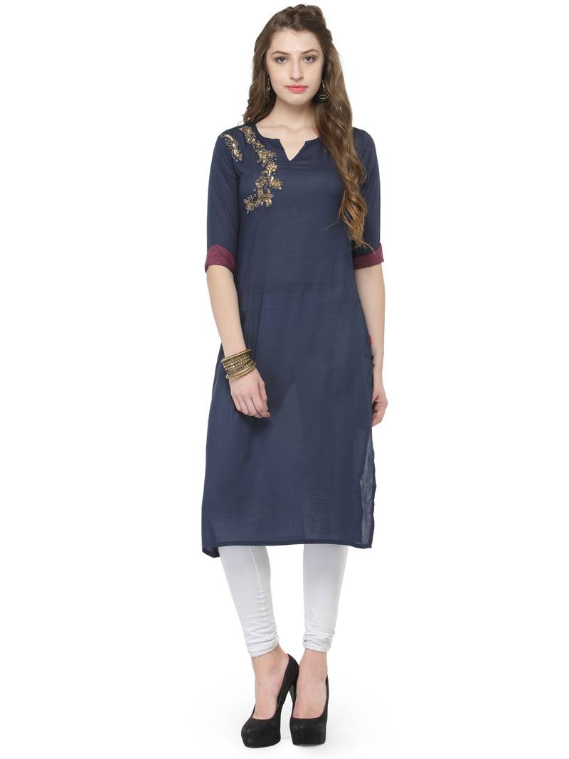 Navy blue plain silk ethnickurtis Laabha 2293552