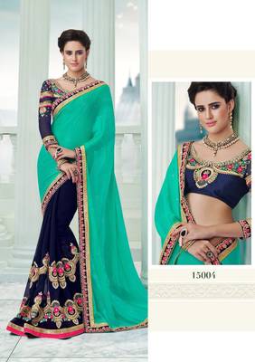 Blue embroidered georgette saree with blouse 2
