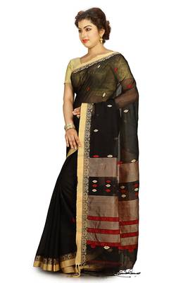 Black hand woven silk cotton saree with blouse 2
