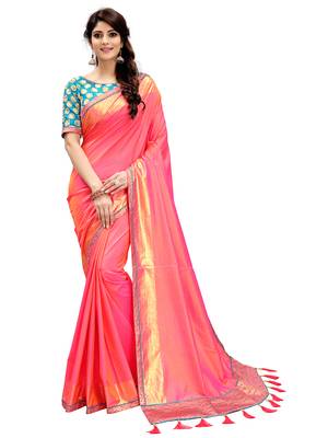 Coral plain silk blend saree with blouse 1